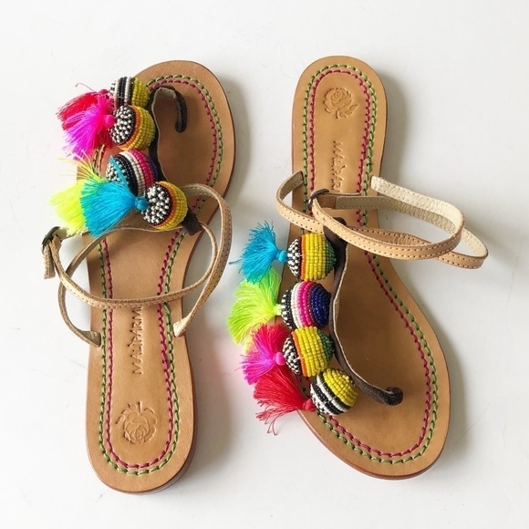 Maliparmi Womens Leather Flat Strappy Jaya Multicolored Beaded Sandals Sz 8 - Picture 1 of 11